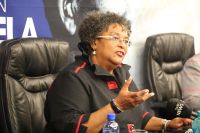 Mia Moittley at a media conference after the 2022 Nelson Mandela Annual Lecture