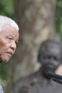 Nelson Mandela at the London unveiling of a statue of himself