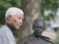 Nelson Mandela at the London unveiling of a statue of himself