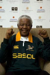 Nelson Mandela celebrating the Springboks' 2007 Rugby World Cup win