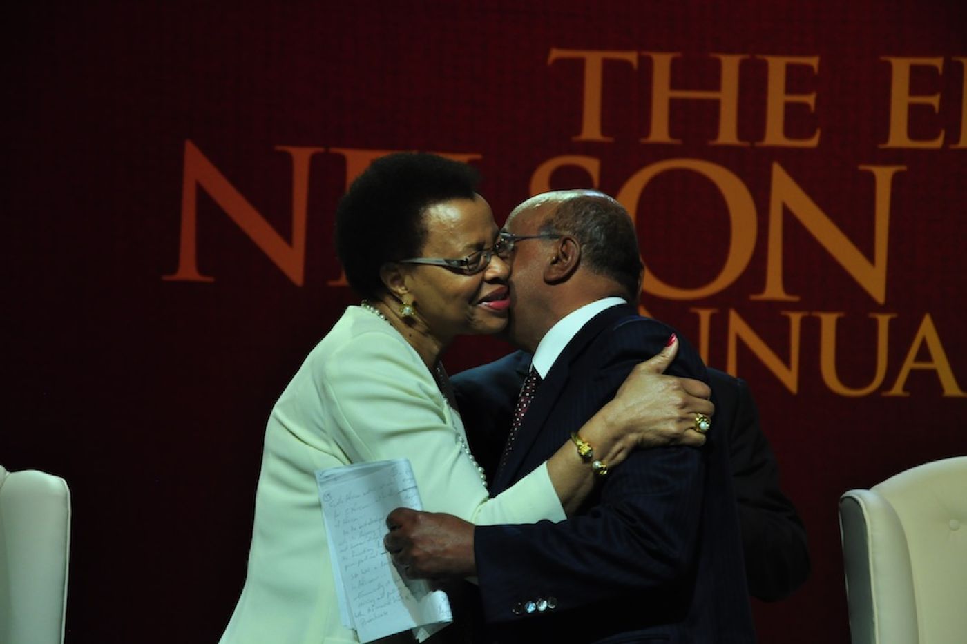 Graca Machel greets Mo Ibrahim, 11th Nelson Mandela Annual Lecture